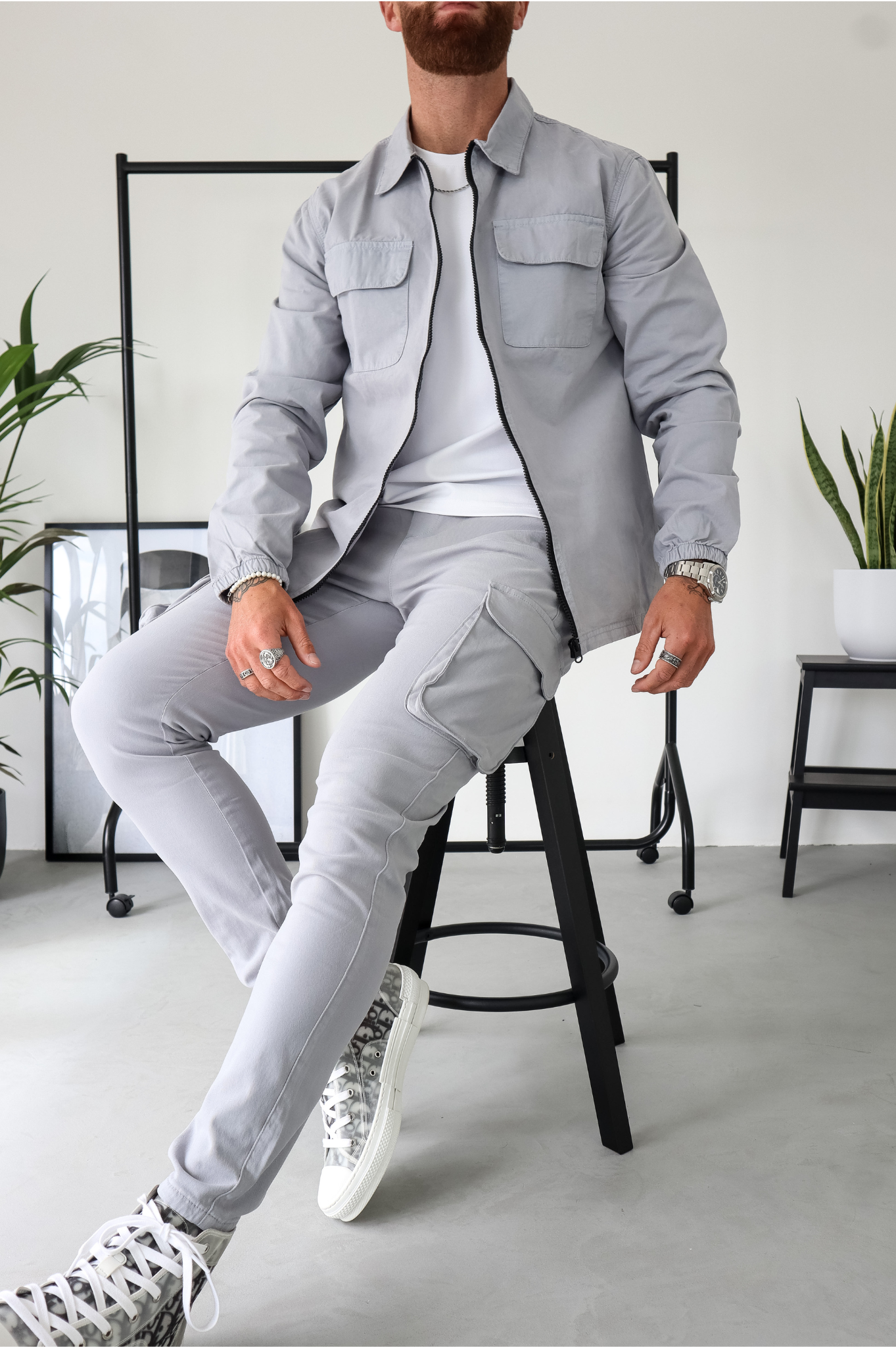 Capo Dyed Cotton Cargo Pants-Light Grey