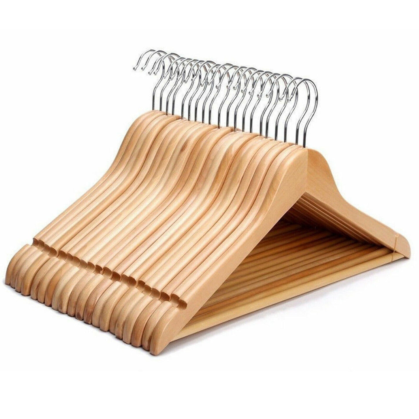 20 Natural Wooden Coat Hangers With Trouser Bar