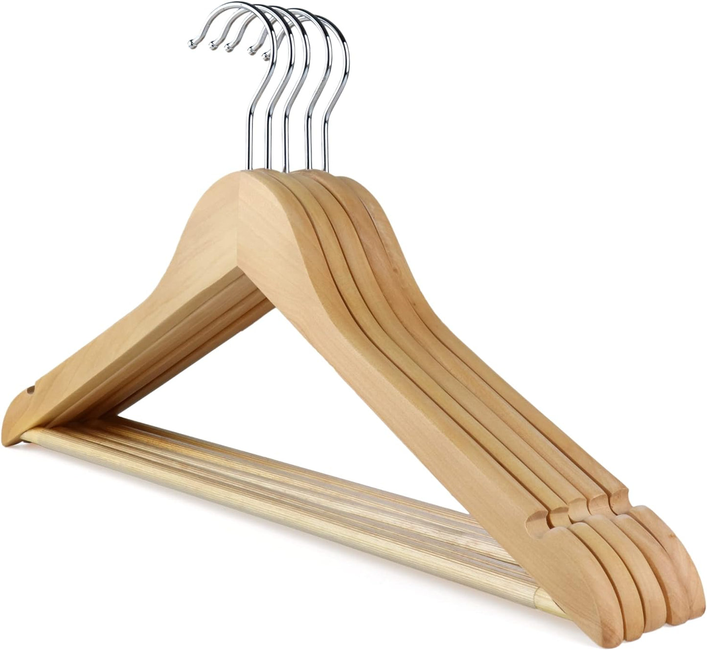 5 Natural Wooden Coat Hangers With Trouser Bar